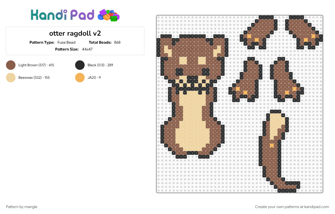 otter ragdoll v2 - Fuse Bead Pattern by mangle on Kandi Pad - animal, dangle dangler, furry, keychain, tan