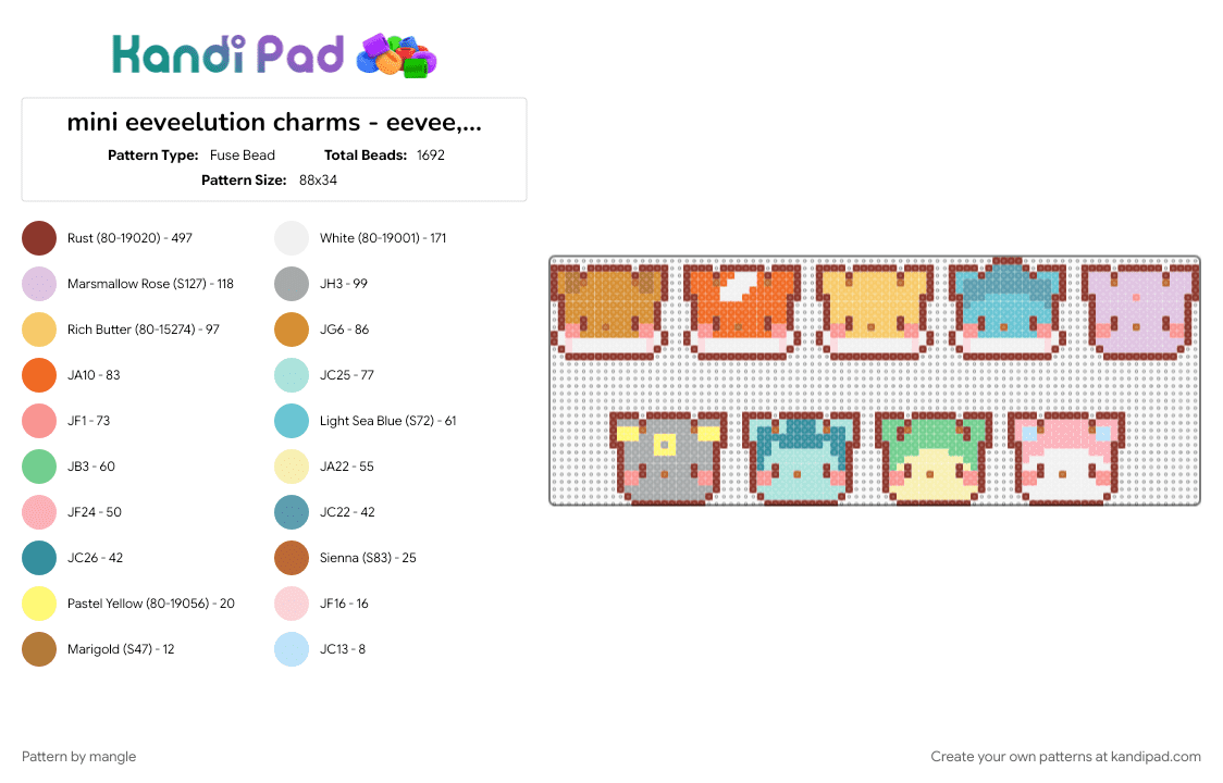mini eeveelution charms - eevee, flareon, jolteon, vaporeon, espeon, umbreon, glaceon, leafeon, sylveon - Fuse Bead Pattern by mangle on Kandi Pad - animal animals, charm, colorful, cute kawaii, keychain accessory, mini, nintendo video game, pink, pokemon, red, yellow