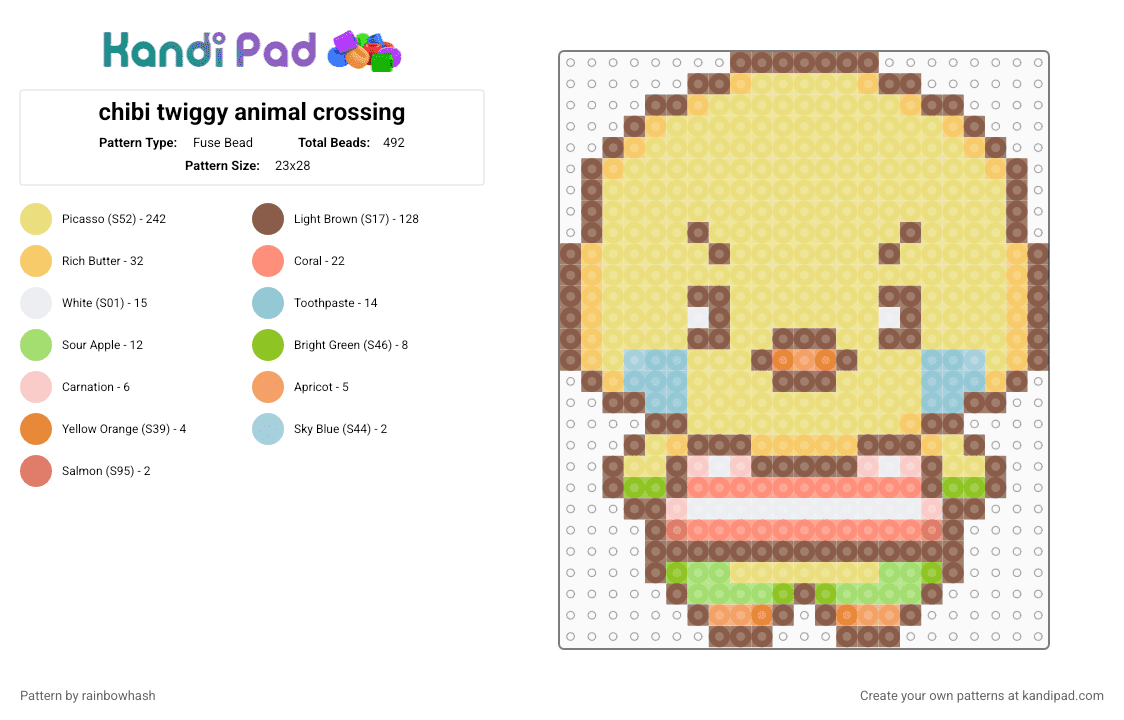 chibi twiggy animal crossing - Fuse Bead Pattern by rainbowhash on Kandi Pad - acnh, acnl, bird, cute, kawaii, nintendo, tan, video game, yellow