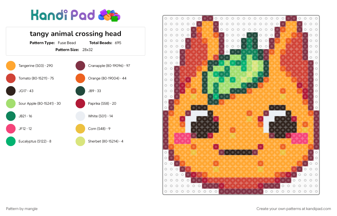 tangy animal crossing head - Fuse Bead Pattern by mangle on Kandi Pad - acnh, animals wall decor, brown, cute kawaii, decoration, fruit food, kitty cat animal, nintendo video game, orange, panel, red