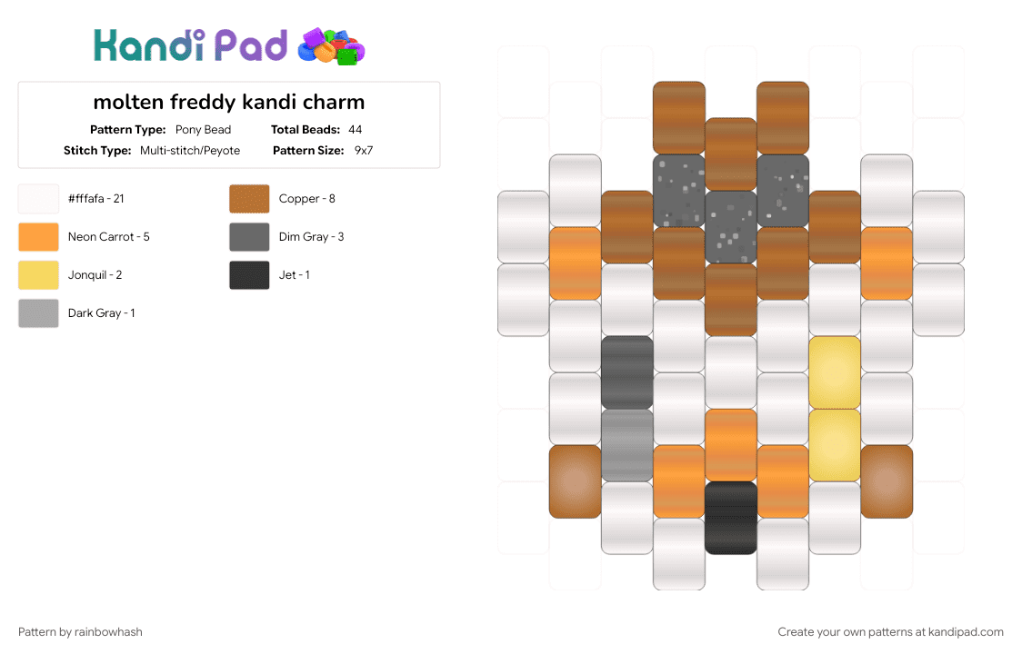 molten freddy kandi charm - Pony Bead Pattern by mangle on Kandi Pad - bear, charms, cute, five nights at freddys, fnaf, kawaii, orange, sister location, tan, video game, white