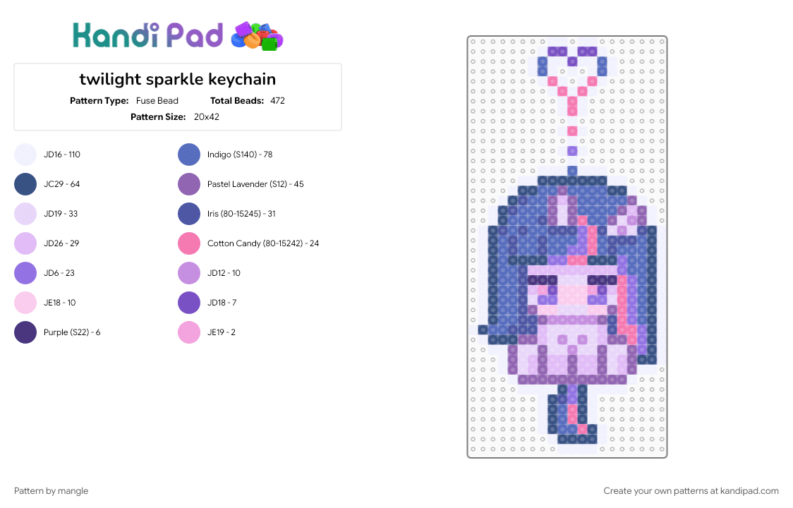 twilight sparkle keychain - Fuse Bead Pattern by mangle on Kandi Pad - animal animals, blue, cartoon, charm, cute kawaii, decora, mlp my little pony, pink, scene, scenemo