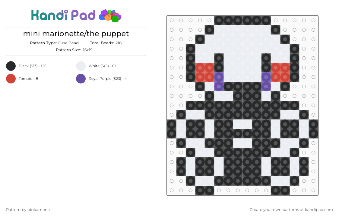 mini marionette/the puppet ver.1 - Fuse Bead Pattern by pinkamena on Kandi Pad - black,white,red,purple,small,tiny,charm,keychain,fnaf,five nights at freddys,video game,easy