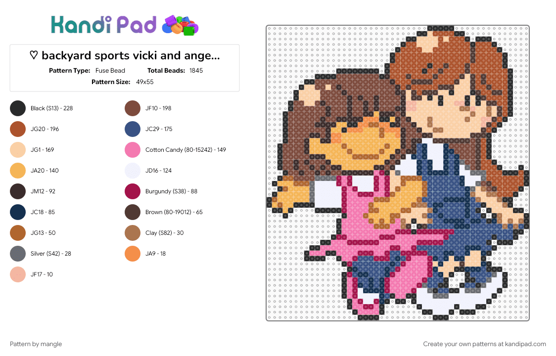♡ backyard sports vicki and angela peanuts style ♡ - Fuse Bead Pattern by mangle on Kandi Pad - 2000s, 90s, backyard baseball, backyard soccer, blue, brown, character, colorful, red, video game cartoon
