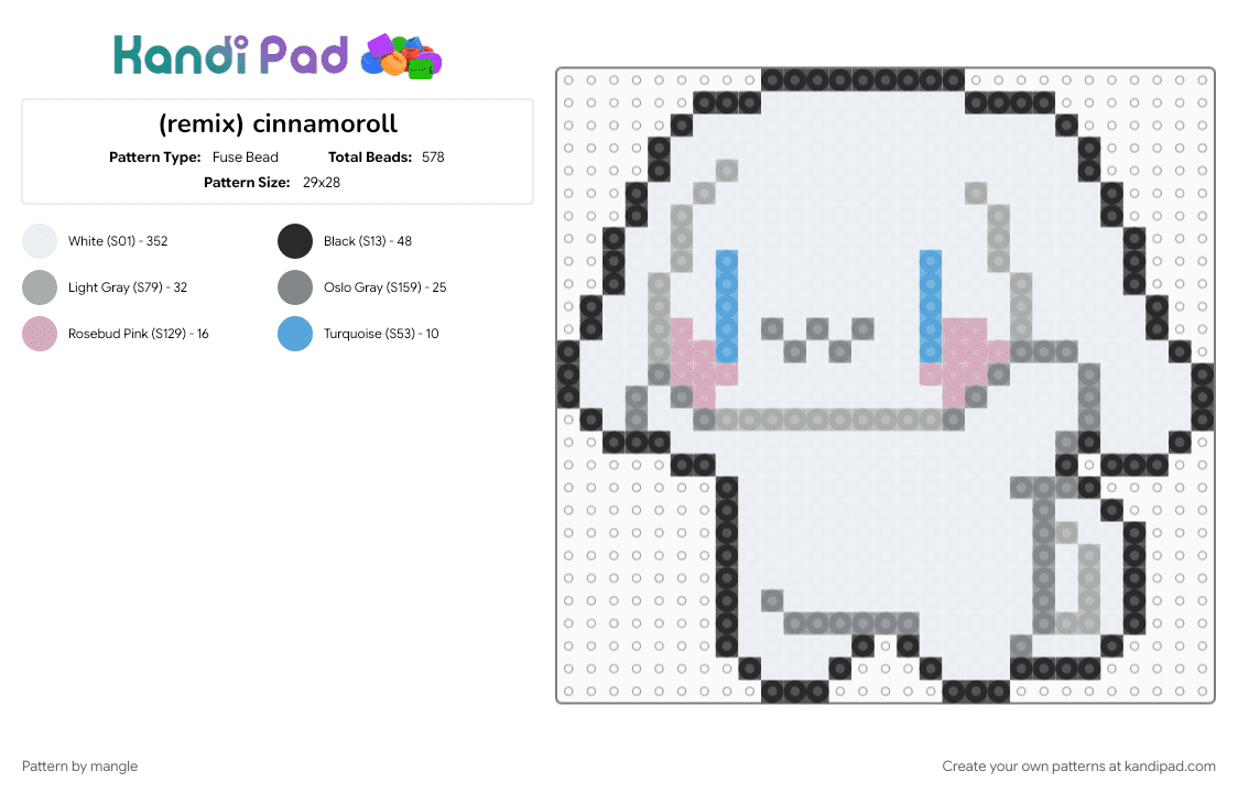 cinnamoroll - Fuse Bead Pattern by mangle on Kandi Pad - animal animals, cinnamonroll sanrio, cutecore, decora, gray, hello kitty cinnamon roll, kawaii cute, keychain, puppy dog, white