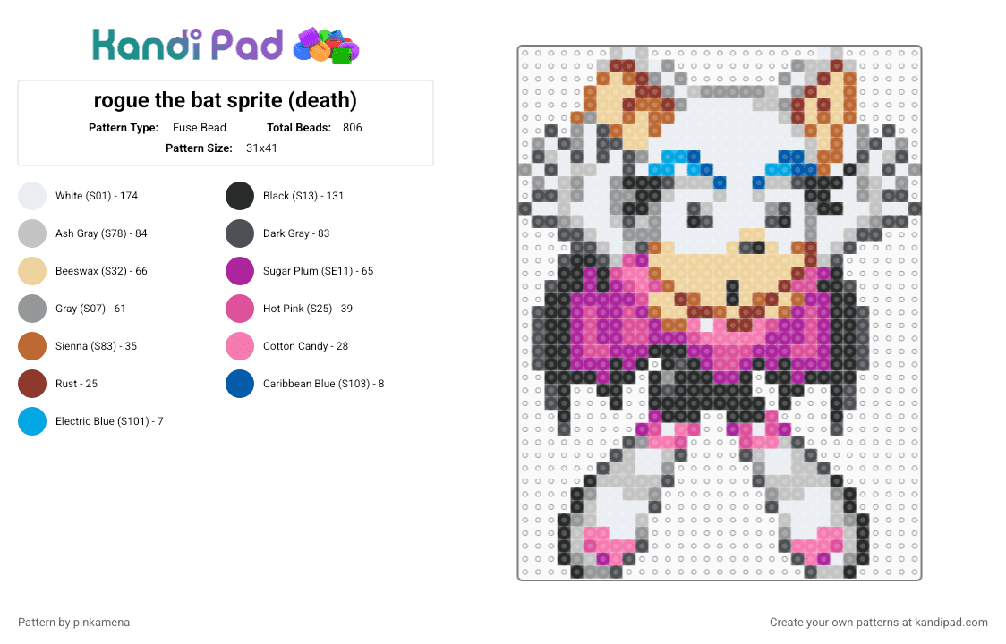 rogue the bat sprite (death) - Fuse Bead Pattern by rainbowhash on Kandi Pad - beige,gray,pink,cute,kawaii,video game,sonic the hedgehog,furry,animal,animals,sega