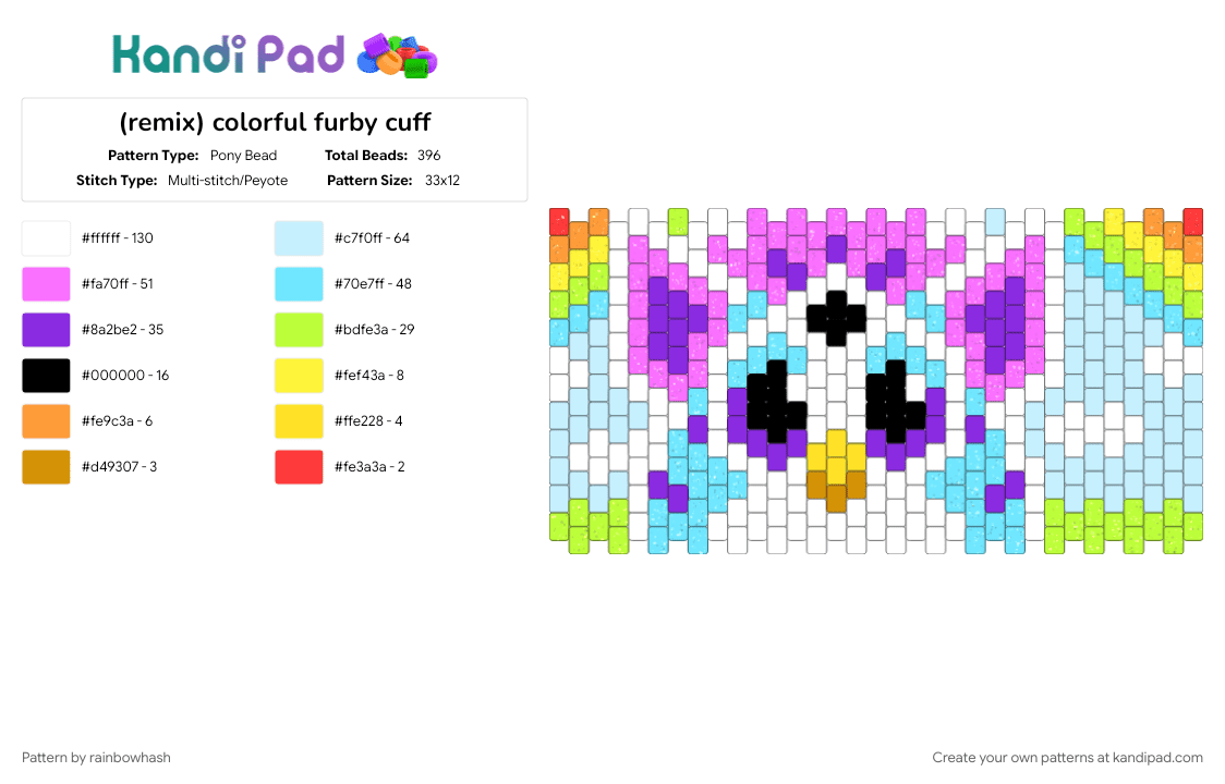 colorful furby cuff - Pony Bead Pattern by mangle on Kandi Pad - 2000s, cute, decora, light blue, pink, scene, scenemo, toy, toys, yellow