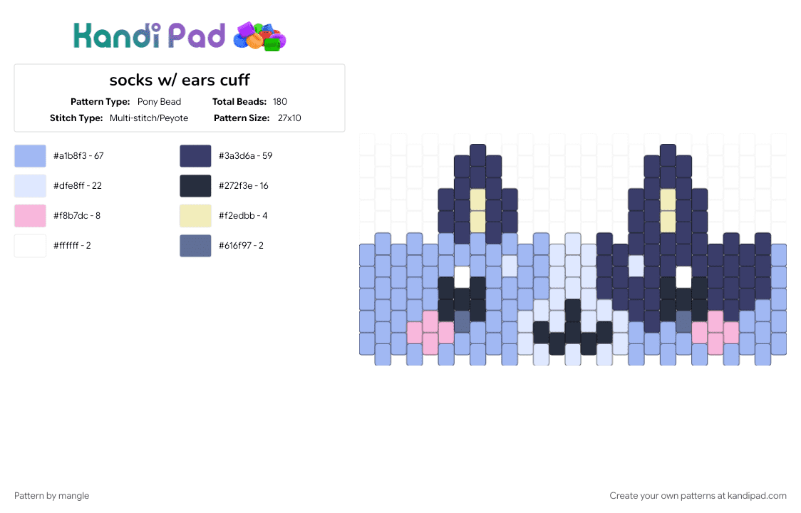 socks w/ ears cuff bluey - Pony Bead Pattern by mangle on Kandi Pad - animal animals, animated, animation, bluey, cartoon character, cute kawaii, light blue, puppy dog, purple, tv show