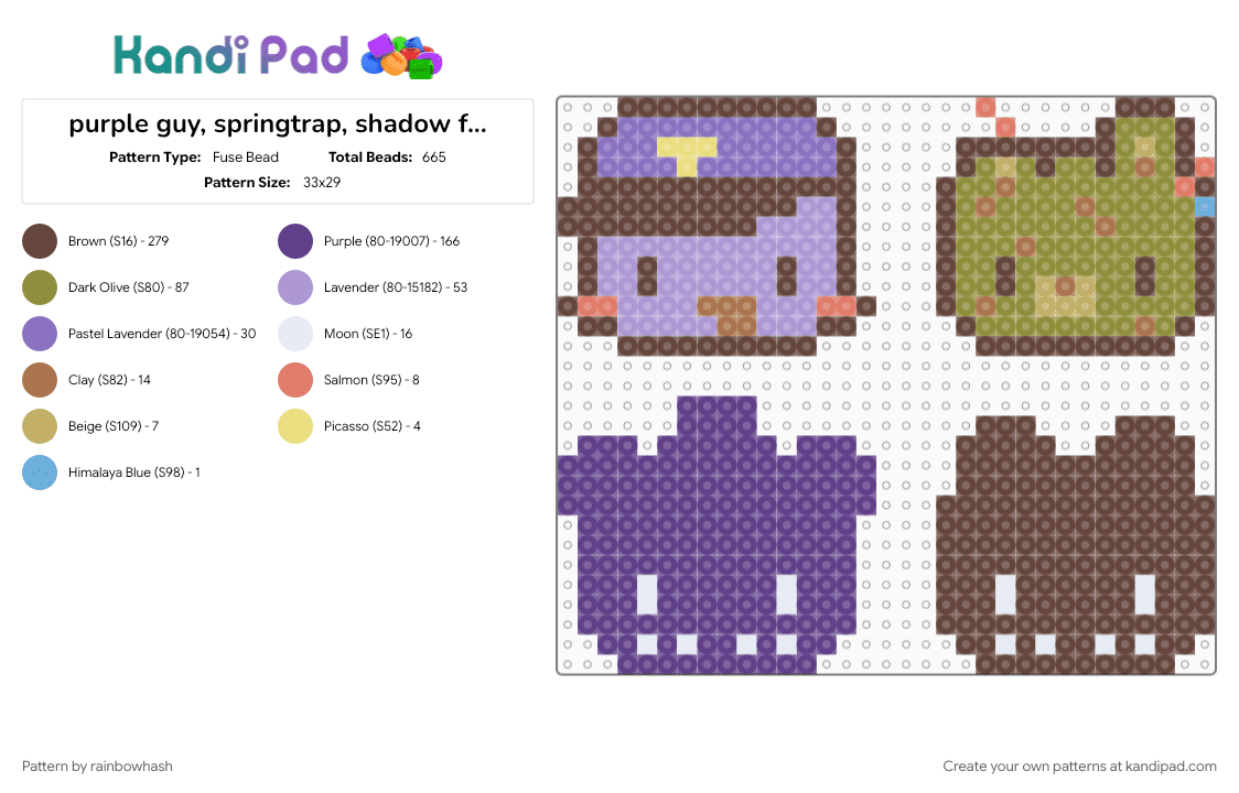 purple guy, springtrap, shadow freddy, shadow bonnie/rwqfsfasxc - Fuse Bead Pattern by mangle on Kandi Pad - brown, charm, charms, cute, five nights at freddys, fnaf, gold, kawaii, purple, video game, william afton