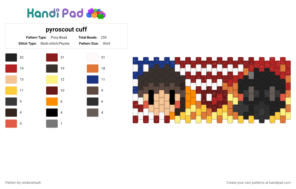 pyroscout cuff - Pony Bead Pattern by rainbowhash on Kandi Pad - brown, orange, pyro, red, scout, ship, shooter, team fortress 2, tf2, valve, video game, yellow