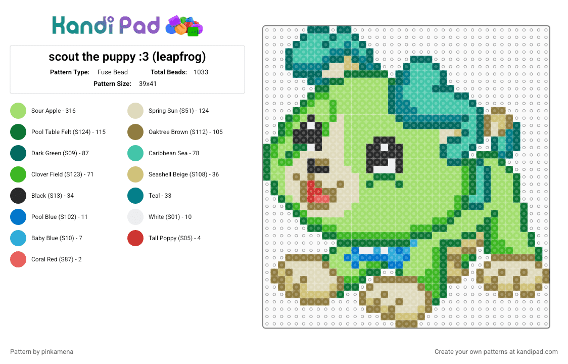 scout the puppy :3 (leapfrog) - Fuse Bead Pattern by pinkamena on Kandi Pad - green,teal,beige,cute,dog,pup,animal,animals,toy,plush,plushie