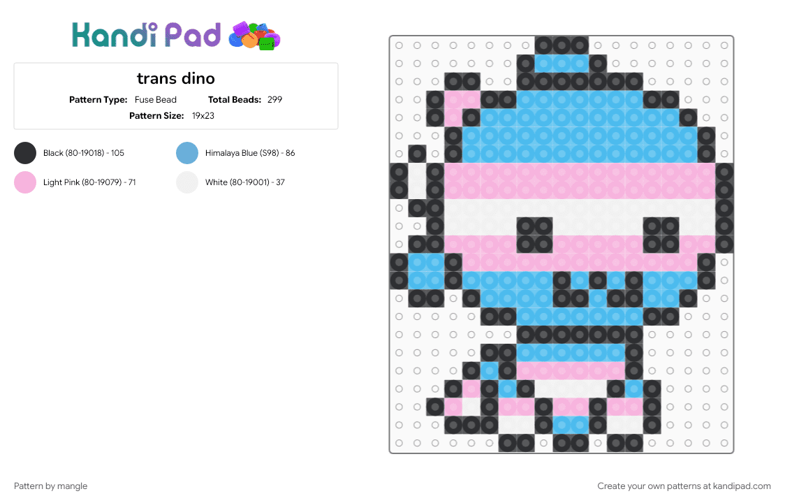 trans dino - Fuse Bead Pattern by mangle on Kandi Pad - dinosaur, gender, lgbt, lgbtq, lgbtqia, light blue, pink, pride, transgender