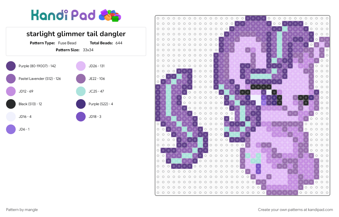 starlight glimmer tail dangler - Fuse Bead Pattern by mangle on Kandi Pad - 2010s, animal animals, cute kawaii, dangle, horse cartoon, keychain, mlp, my little pony, pink, purple