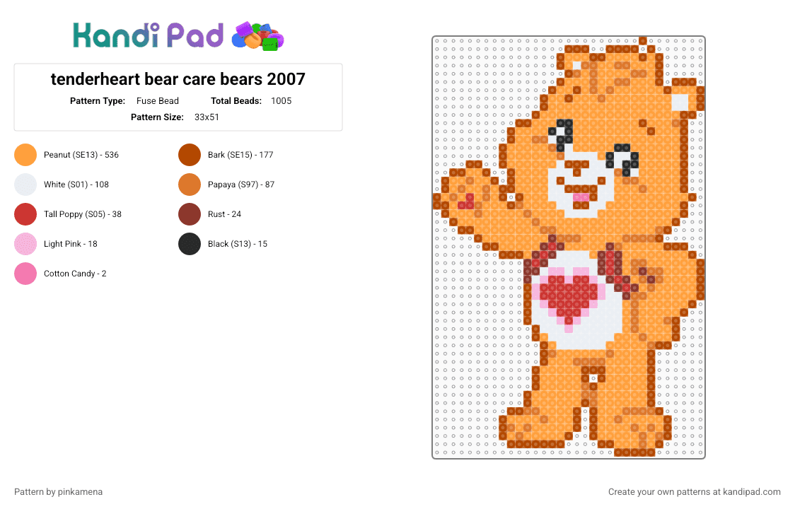 tenderheart bear care bears 2007 - Fuse Bead Pattern by pinkamena on Kandi Pad - orange,cute,carebears,carebear,cartoon,animal,kawaii,care bear