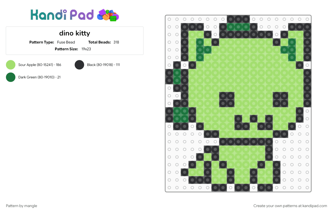 dino kitty - Fuse Bead Pattern by mangle on Kandi Pad - black, cat, cute kawaii, dinosaur, green