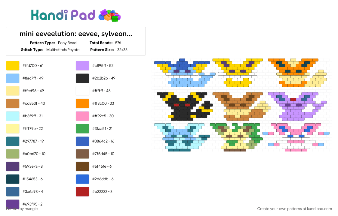 mini eeveelution: eevee, sylveon, umbreon, glaceon, leafeon, vaporeon, flareon, espeon, jolteon - Pony Bead Pattern by mangle on Kandi Pad - animal, animals, charm, charms, cute, light blue, nintendo, orange, pink, pokemon, video game, yellow