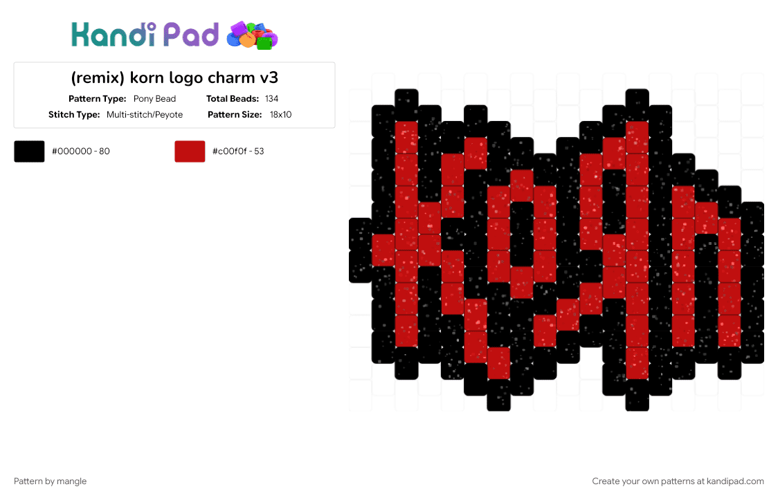 korn logo charm v3 - Pony Bead Pattern by mangle on Kandi Pad - 2000s, black, edgy, emo, nu metal rock, numetal music, red, scene keychain, scenemo accessory