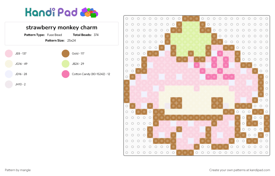 strawberry monkey charm - Fuse Bead Pattern by mangle on Kandi Pad - animal animals, charm charms, cute kawaii, cutecore kawaiicore, decora, easy small, fruit food, keychain, tan, white
