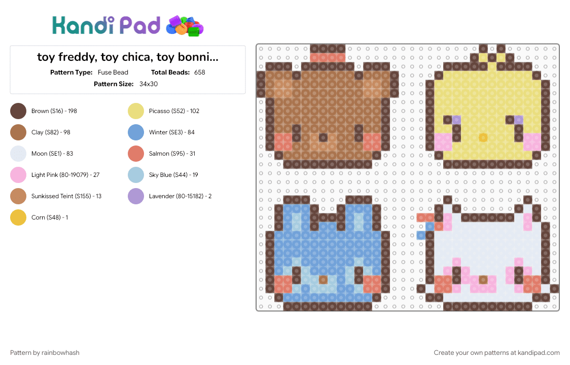 toy freddy, toy chica, toy bonnie, mangle - Fuse Bead Pattern by rainbowhash on Kandi Pad - brown, charm, charms, cute, five nights at freddys, fnaf, kawaii, light blue, tan, video game, yellow