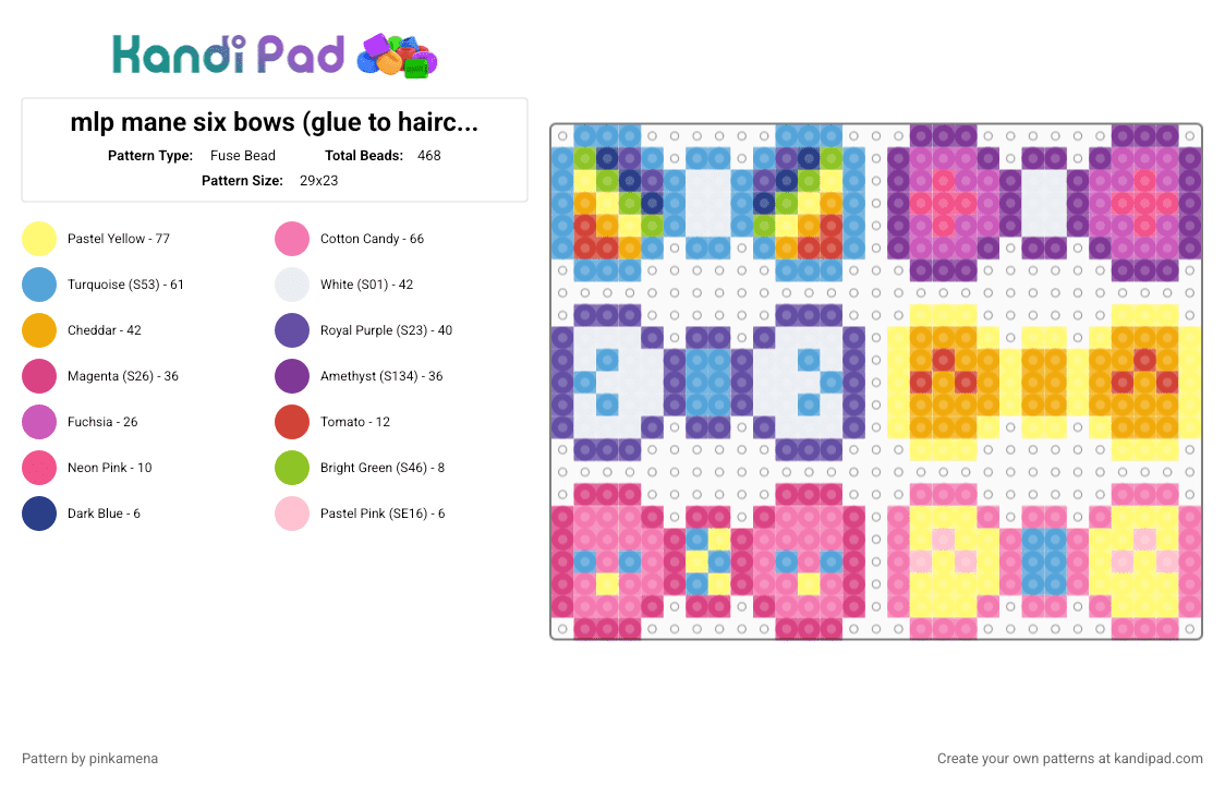 mlp mane six bows (glue to hairclip :3) - Fuse Bead Pattern by pinkamena on Kandi Pad - light blue,pink,yellow,twilight sparkle,rainbow dash,pinkie pie,applejack,apple jack,rarity flutter shy,my little pony accessory,fluttershy accessories