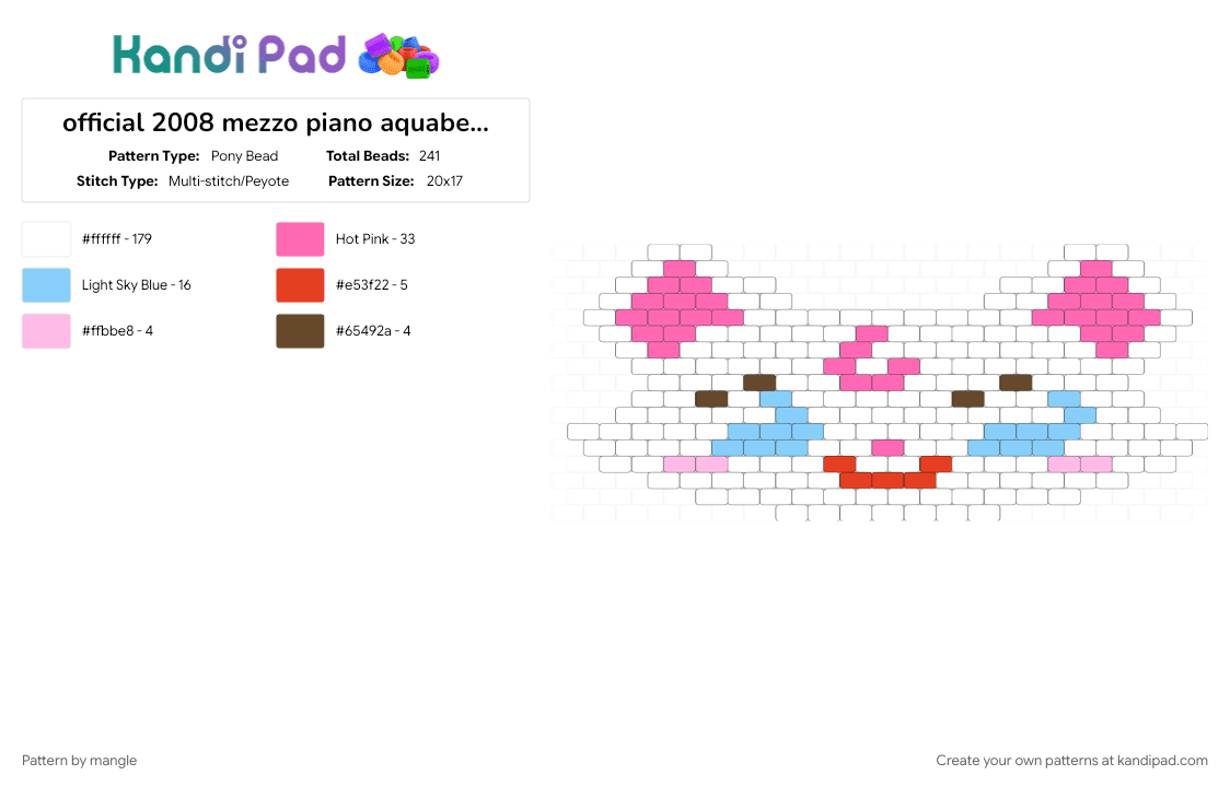 official 2008 mezzo piano aquabeads set (aq-s09) (3) - Pony Bead Pattern by mangle on Kandi Pad - 2000s y2k, animal animals, cute kawaii, cutecore kawaiicore, decora colorful, kitty cat kitten, light blue, pink, white