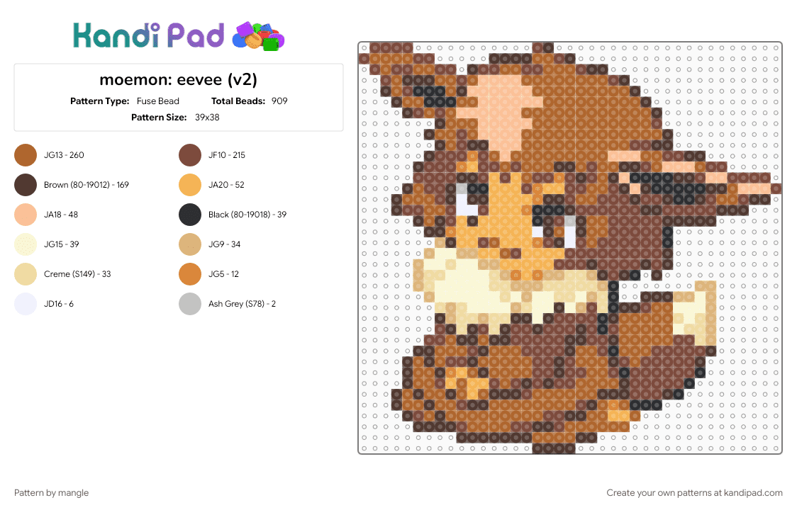 moemon: eevee (v2) - Fuse Bead Pattern by mangle on Kandi Pad - 2000s, anime, brown, cute kawaii, eeveelution, nintendo, pokemon, tan, video game, y2k