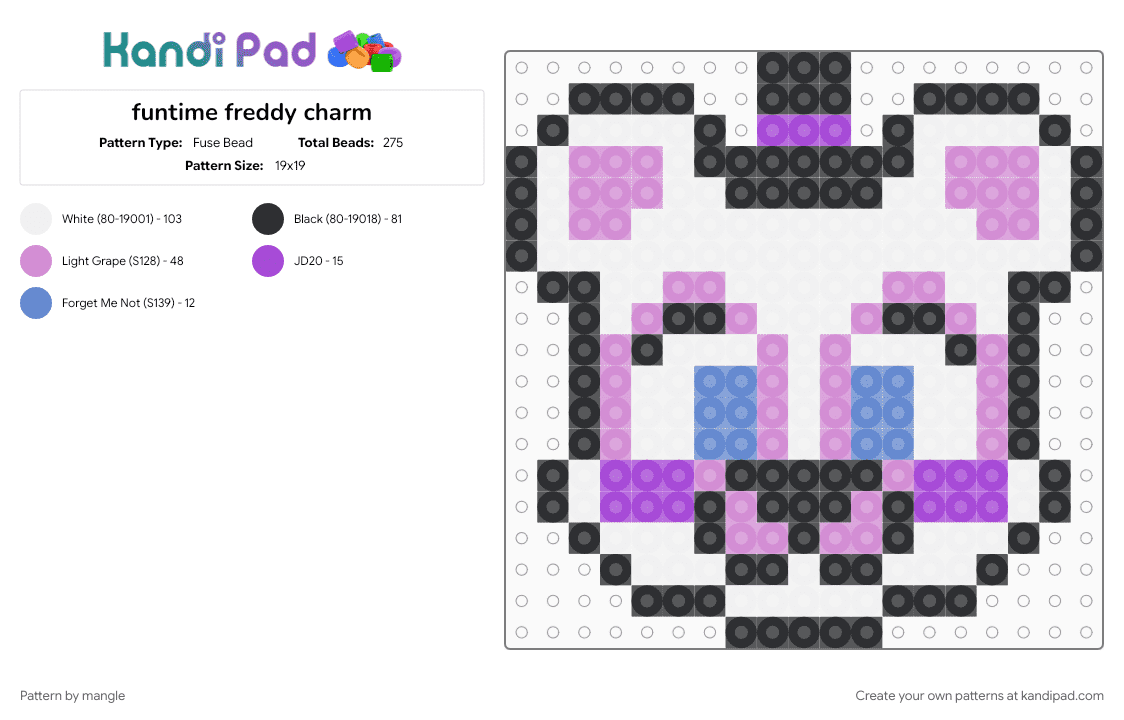 funtime freddy charm - Fuse Bead Pattern by mangle on Kandi Pad - charms, cute kawaii, five nights at freddys, fnaf, furry, keychain, pink, video game, white