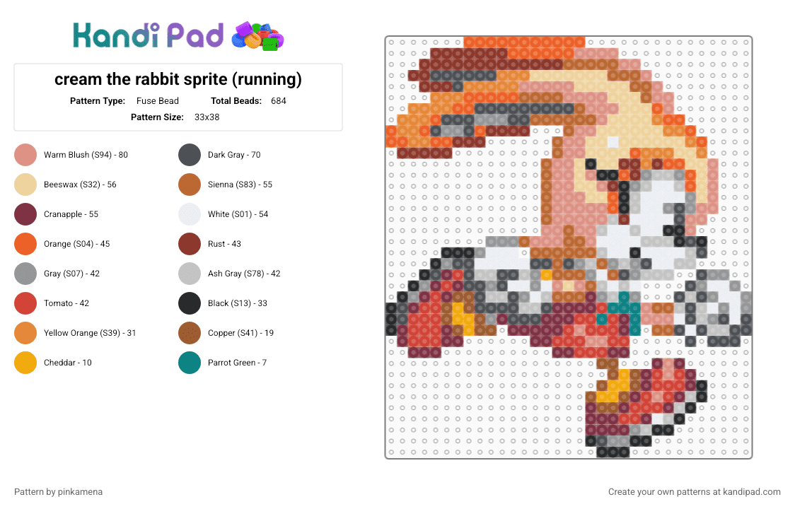 cream the rabbit sprite (running) - Fuse Bead Pattern by rainbowhash on Kandi Pad - orange,red,beige,gray,cute,kawaii,sonic the hedgehog,video game,sega,bunny,furry,animal