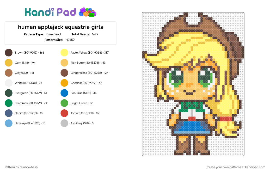human applejack equestria girls - Fuse Bead Pattern by rainbowhash on Kandi Pad - apple jack, brown, cartoon, cute, mlp, mlp eg, mlpeg, my little pony, tan, yellow