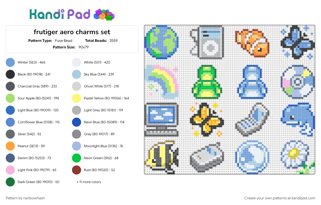 frutiger aero charms set - Fuse Bead Pattern by rainbowhash on Kandi Pad - 2000s, blue, charm, colorful, computer, fish, icons, light blue, msn, tech, windows 7, yellow