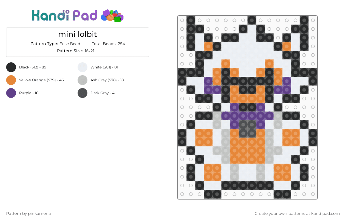 mini lolbit - Fuse Bead Pattern by rainbowhash on Kandi Pad - white,orange,small,tiny,charm,keychain,fnaf,five nights at freddys,video game,easy
