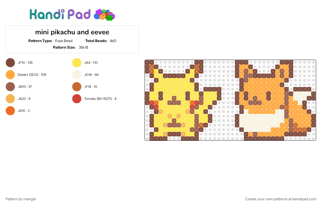 mini pikachu and eevee - Fuse Bead Pattern by mangle on Kandi Pad - animals, brown, charm, charms, cute, kawaii, nintendo, orange, pokemon, video game, yellow