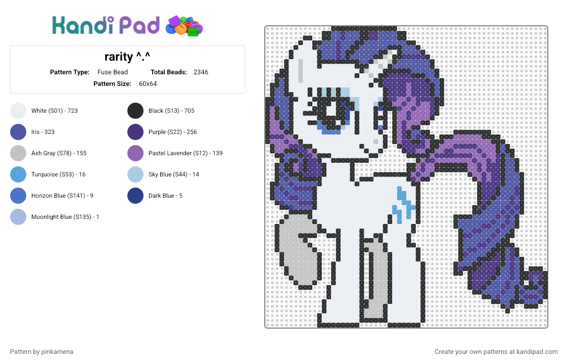 rarity ^.^ - Fuse Bead Pattern by pinkamena on Kandi Pad - white,purple,mlp,my little pony