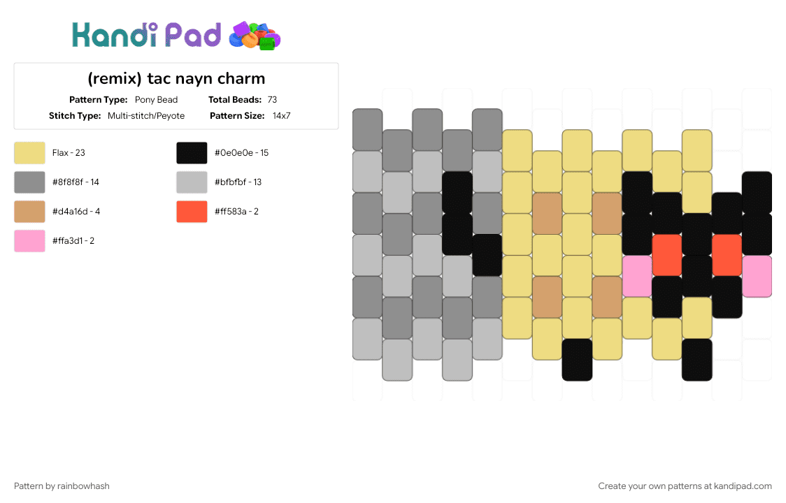 (remix) tac nayn charm - Pony Bead Pattern by rainbowhash on Kandi Pad - animal, beige, cute, evil, gray, kitten, kitty, nyan cat, tac nyan, yellow