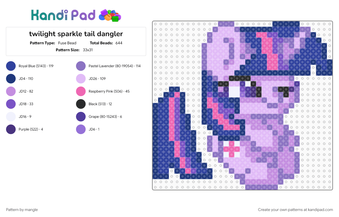 twilight sparkle tail dangler - Fuse Bead Pattern by mangle on Kandi Pad - 2010s, animal animals, blue, cute kawaii, dangle, horse cartoon, keychain, mlp, my little pony, pink