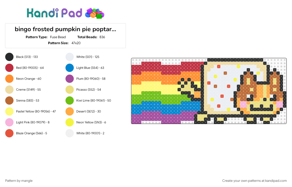bingo frosted pumpkin pie poptart nyan puppy =o3> - Fuse Bead Pattern by mangle on Kandi Pad - animals, blue, cartoon puppy dog, character animal, colorful, cute kawaii bluey, nyan cat, orange, pink