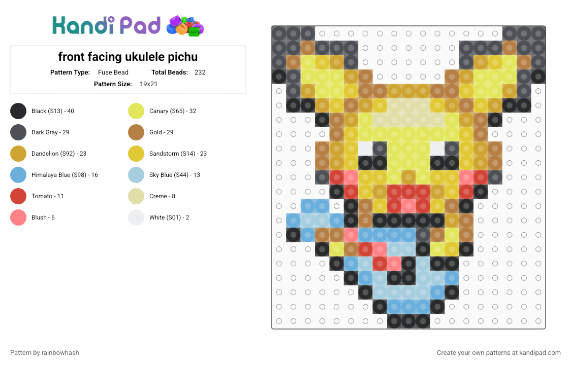front facing ukulele pichu - Fuse Bead Pattern by mangle on Kandi Pad - animal, cute, gray, guitar, kawaii, light blue, nintendo, pikachu, pokmon, tan, video game, yellow