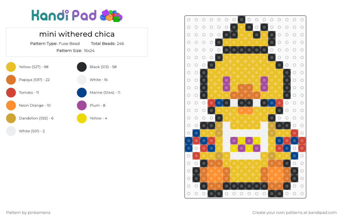 mini withered chica - Fuse Bead Pattern by pinkamena on Kandi Pad - yellow,orange,small,tiny,charm,keychain,fnaf,five nights at freddys,video game,easy