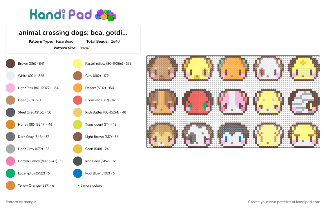 animal crossing dogs: bea, goldie, biskit, bones, bow, butch, cherry, cookie, daisy, lucky, maddie, portia, walker, benjamin, frett - Fuse Bead Pattern by mangle on Kandi Pad - animal, animals, brown, colorful, cute, kawaii, keychain charms, nintendo video game, tan, yellow