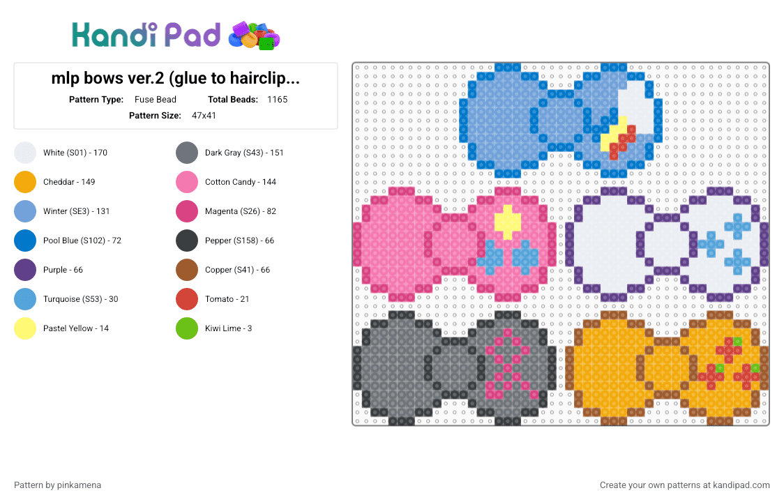 mlp bows ver.2 (glue to hairclip :3) - Fuse Bead Pattern by pinkamena on Kandi Pad - gray,pink,light blue,orange,my little pony,pinkie pie,rainbow dash,applejack,octavia,apple jack,accessory,rarity accessories
