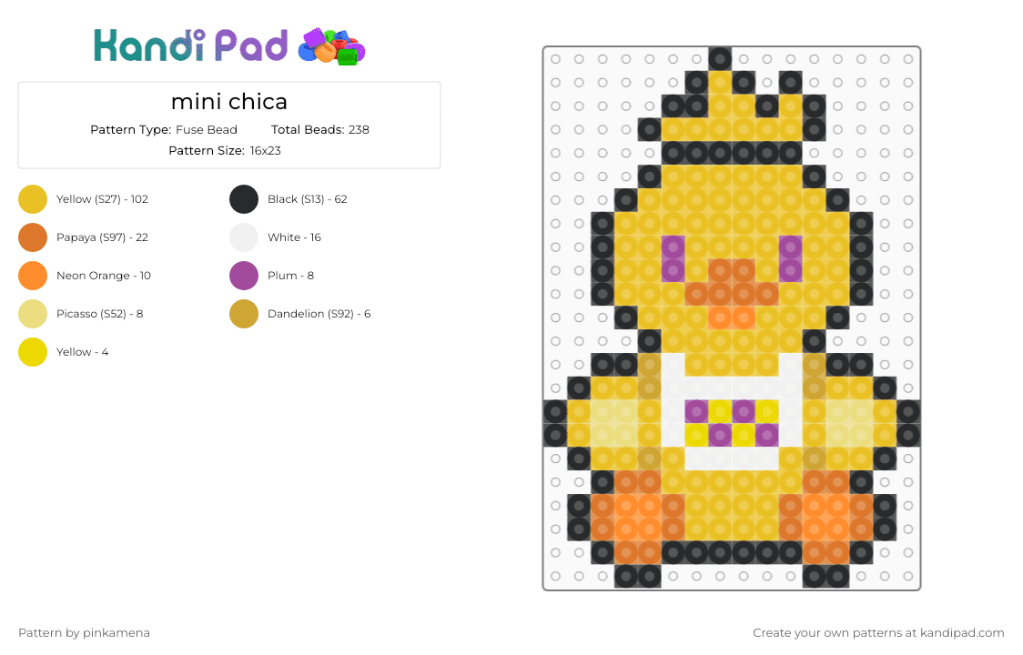 mini chica - Fuse Bead Pattern by pinkamena on Kandi Pad - yellow,small,tiny,charm,keychain,fnaf,five nights at freddys,video game,easy