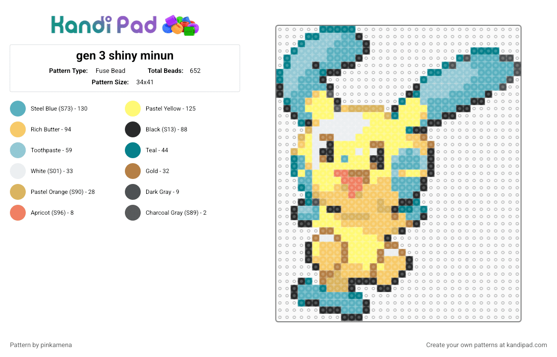 gen 3 shiny minun - Fuse Bead Pattern by rainbowhash on Kandi Pad - animal, bunny rabbit, cute, kawaii, nintendo, pokmon, teal, video game, yellow