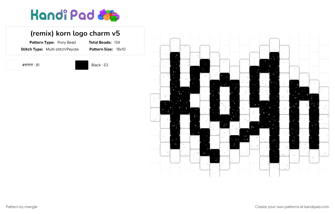 korn logo charm v5 - Pony Bead Pattern by mangle on Kandi Pad - 2000s, black, edgy, emo, nu metal rock, numetal music, scene keychain, scenemo accessory, white