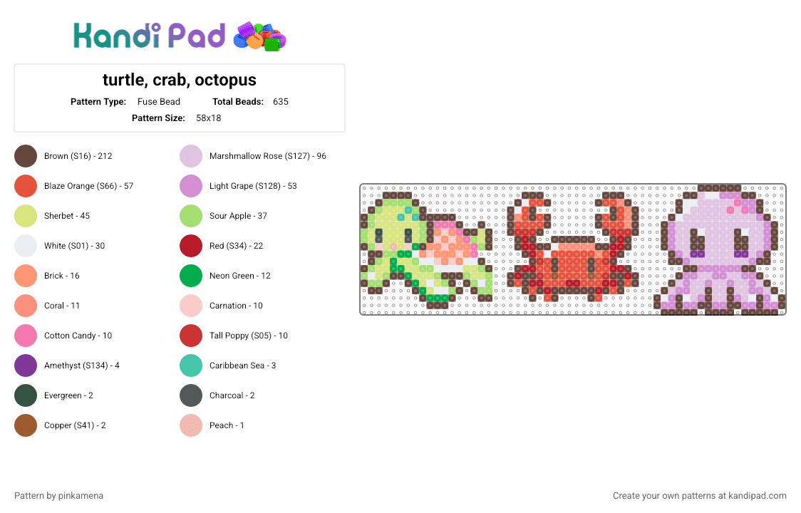 turtle, crab, octopus - Fuse Bead Pattern by pinkamena on Kandi Pad - brown,pink,red,sea creatures,animals,animal,sea creature,cute,kawaii,beach,charm