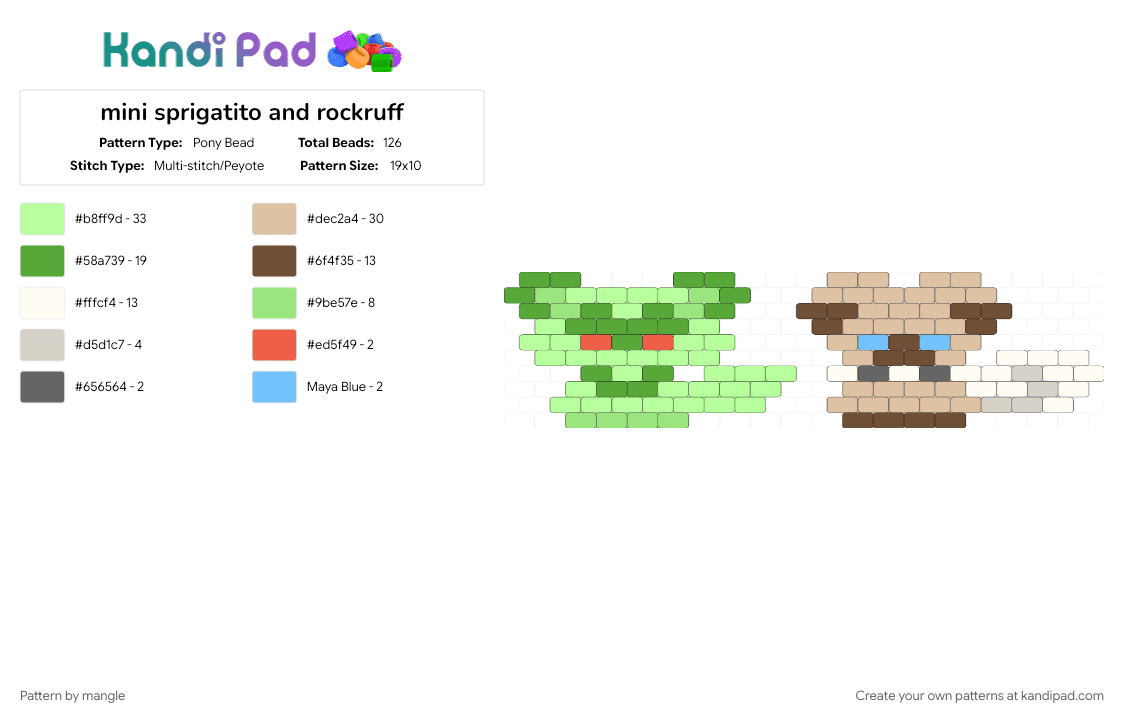 mini sprigatito and rockruff - Pony Bead Pattern by mangle on Kandi Pad - animal animals, beige, cute kawaii, games, green, keychain easy, nintendo video game, pokemon, puppy dog kitty cat kitten, small charm charms, yellow