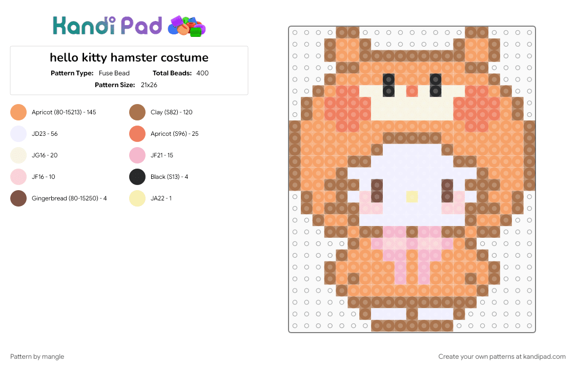 hello kitty hamster costume - Fuse Bead Pattern by mangle on Kandi Pad - animal, animals, cute kawaii, kitten, kitty cat, orange, sanrio, tan