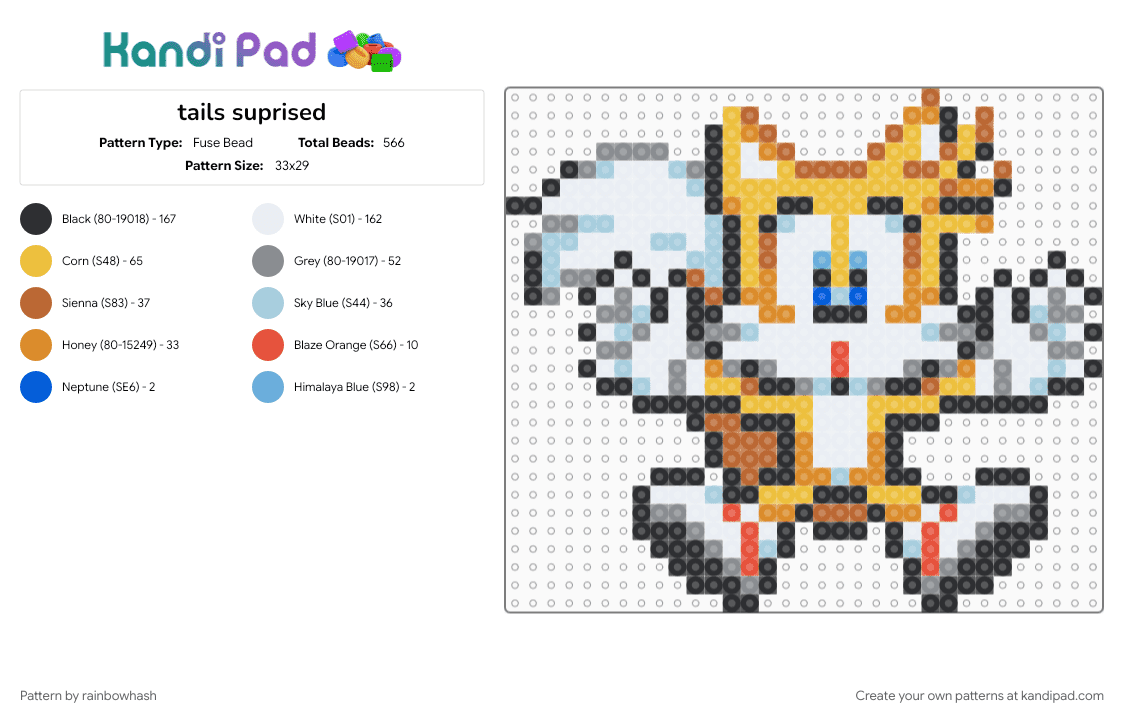 tails suprised - Fuse Bead Pattern by rainbowhash on Kandi Pad - colorful, light blue, miles prower, sonic the hedgehog, tan, video game, white, yellow