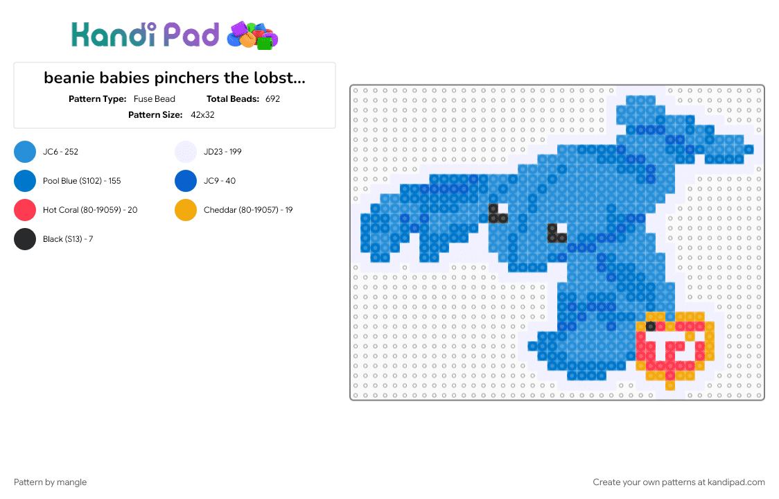 beanie babies pinchers the lobster blue recolor - Fuse Bead Pattern by mangle on Kandi Pad - 90s, beanie baby ty, blue, cute kawaii, light blue, plush plushy plushie, plushies plushes, stuffed toy toys
