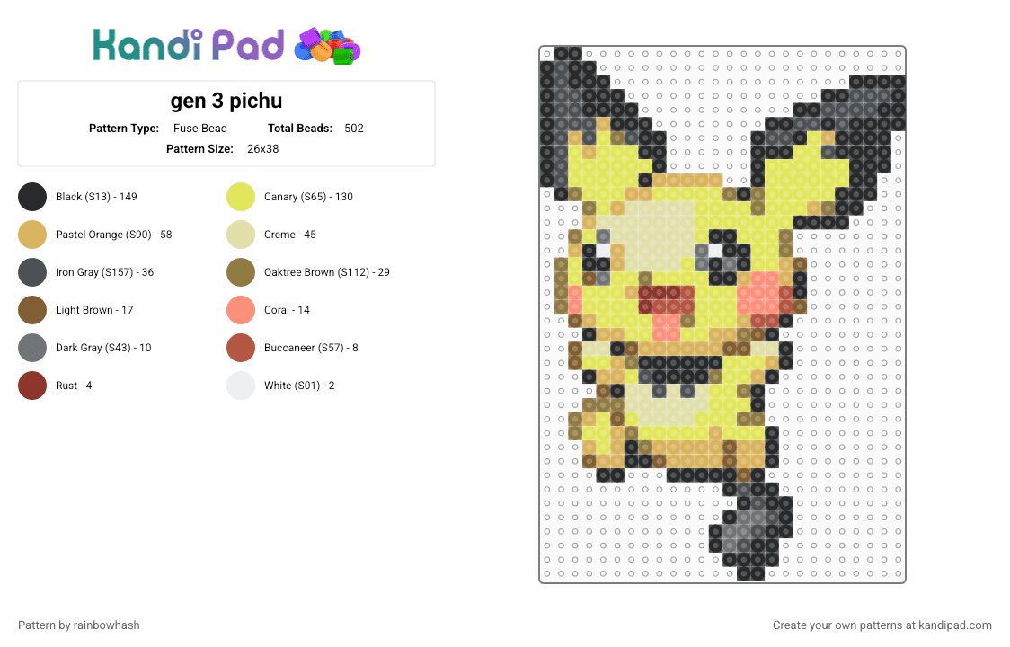 gen 3 pichu - Fuse Bead Pattern by rainbowhash on Kandi Pad - animal, cute, kawaii, nintendo, orange, pikachu, pokmon, video game, yellow