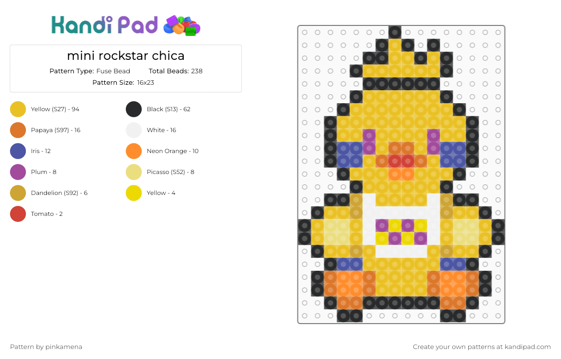 mini rockstar chica - Fuse Bead Pattern by pinkamena on Kandi Pad - yellow,orange,small,tiny,charm,keychain,fnaf,five nights at freddys,video game,easy
